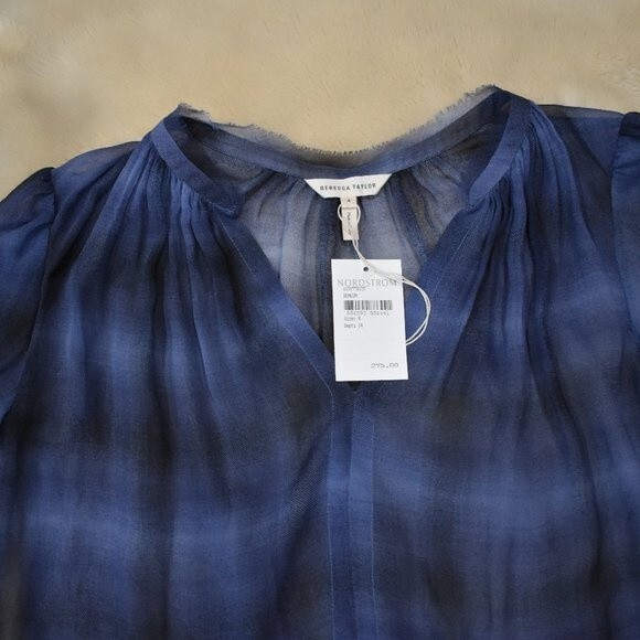 Rebecca Taylor Plaid Silk Blouse Size 4 Long Sleeve Sheer V-neck New - Picture 13 of 15